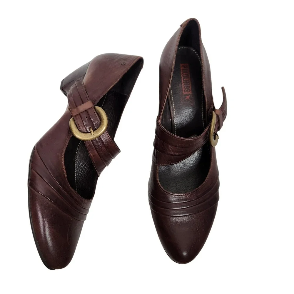 PIKOLINOS Shoes Womens 10 Brown Leather Block Heel Buckle Strap Pumps Comfort